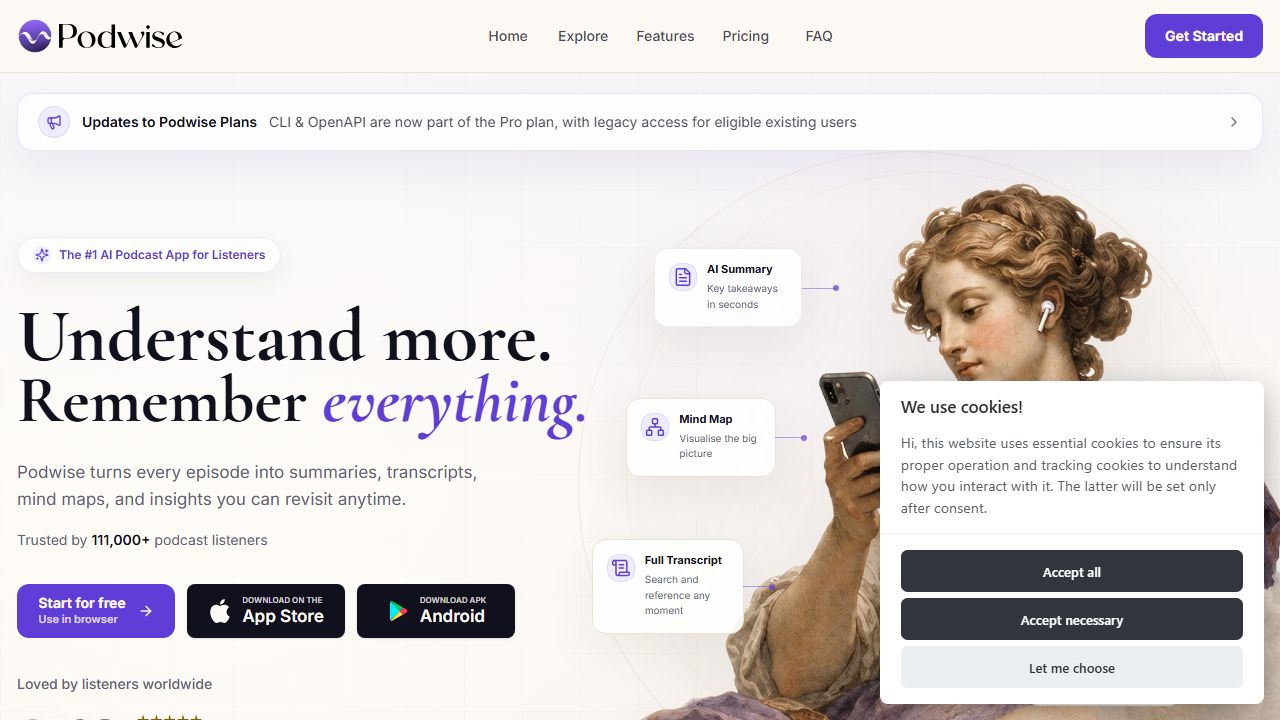 Podwise（播客 AI 结构化笔记工具） 页面预览